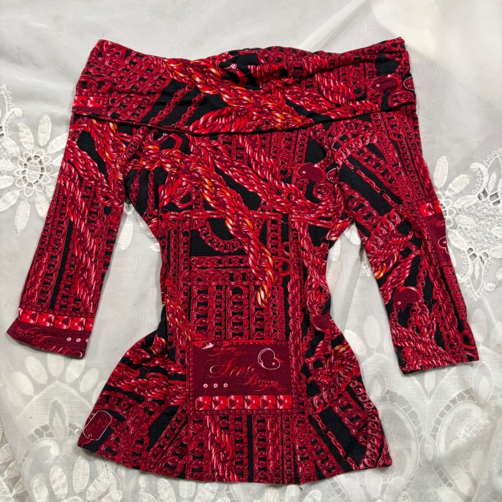 Y2K Baddie Club Apple Bottoms Red Black Chain Print Off Shoulder Top